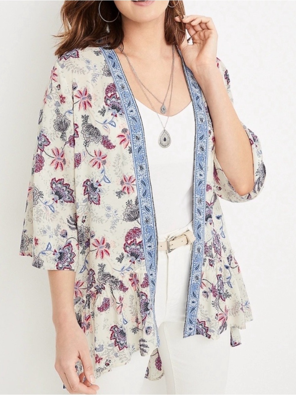 Maurices XL Floral Paisley Border Print Open Front Kimono Duster Boho Western